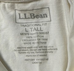 LL Bean Mens Shirt Size Large Tall White High Neck Long Sleeve Classic