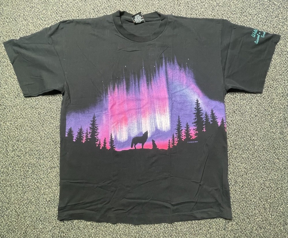 Vintage Aurora Northern Lights Wolf Night Wrap Around Faded Black Shirt 2XL SS