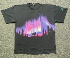 Vintage Aurora Northern Lights Wolf Night Wrap Around Faded Black Shirt 2XL SS