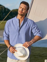 Men’s Cotton Hemp Long Sleeve Casual Beach Henley Shirt (Blue Stripe Large)