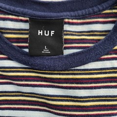 HUF Mens Striped T-Shirt Large Blue Yellow Logo Ringer Tee Blokecore Cotton