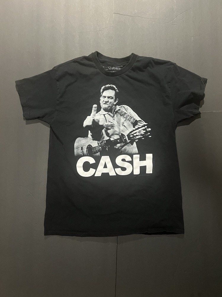 Johnny Cash black cotton has 2 small stains as shown on 4th slide t-shirt Size L