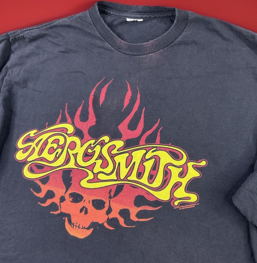 Vintage Y2K Aerosmith T-Shirt Sz L Band Tee Graphic Rag Doll Skull Flames Fire