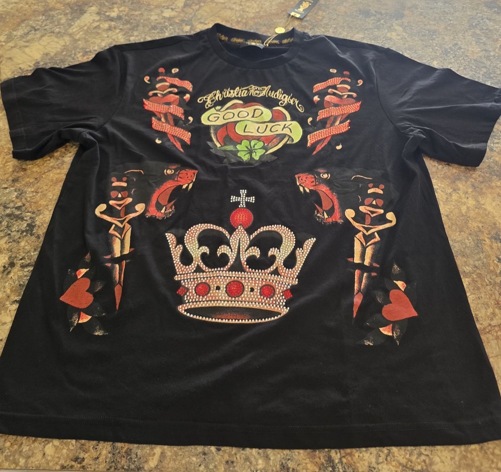 Christian Audigier size XL Embellished Graphic T-shirt Black.
