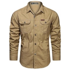 Men’s Long-Sleeve Western Shirts Cotton Button-Up Military Style