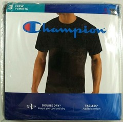 Champion Men`s T-Shirts Small 34-36 3 Pack Black Cotton Double Dry Tagless New