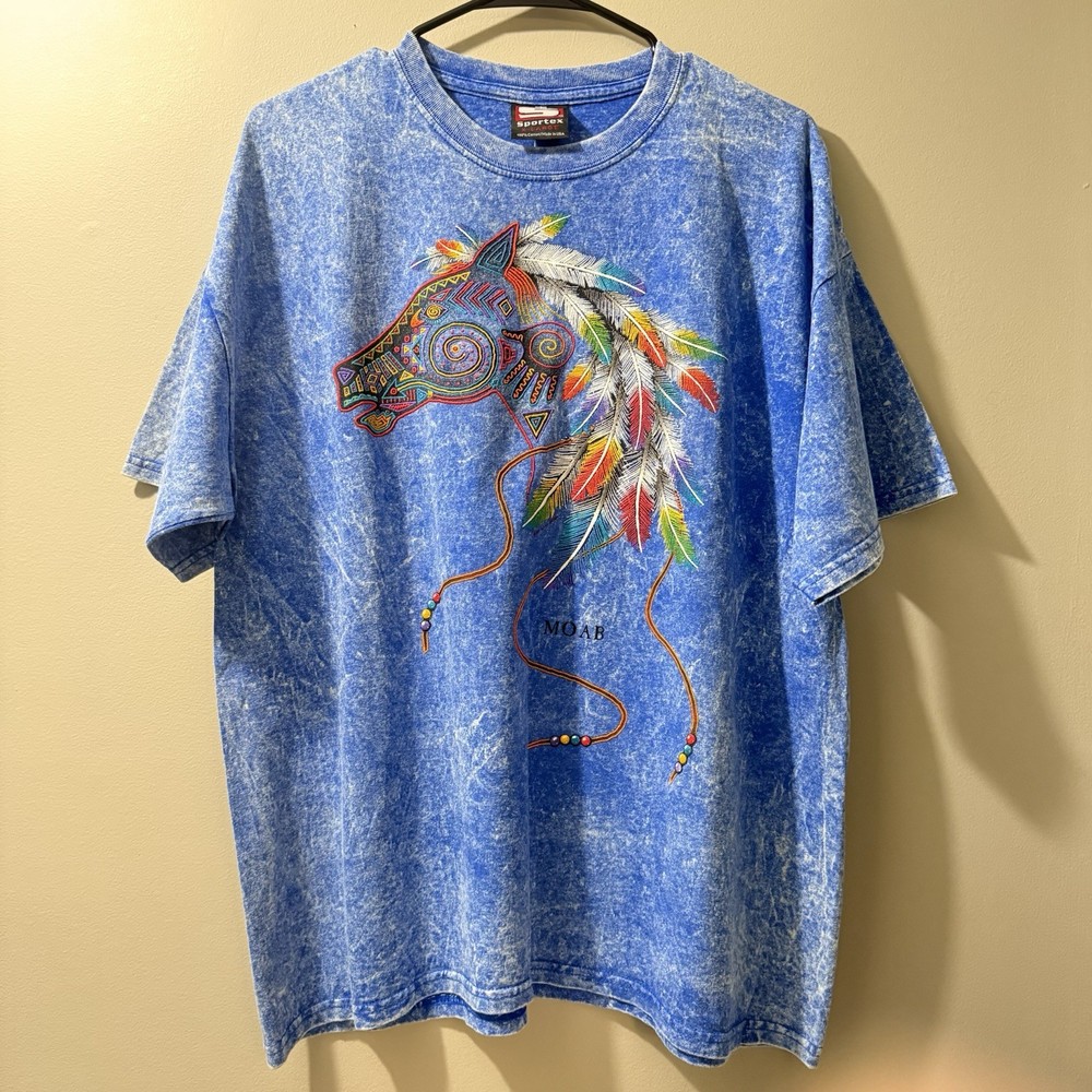 Vintage Sportex Men Blue Mineral Wash Southwest Horse Graphic T Shirt XL