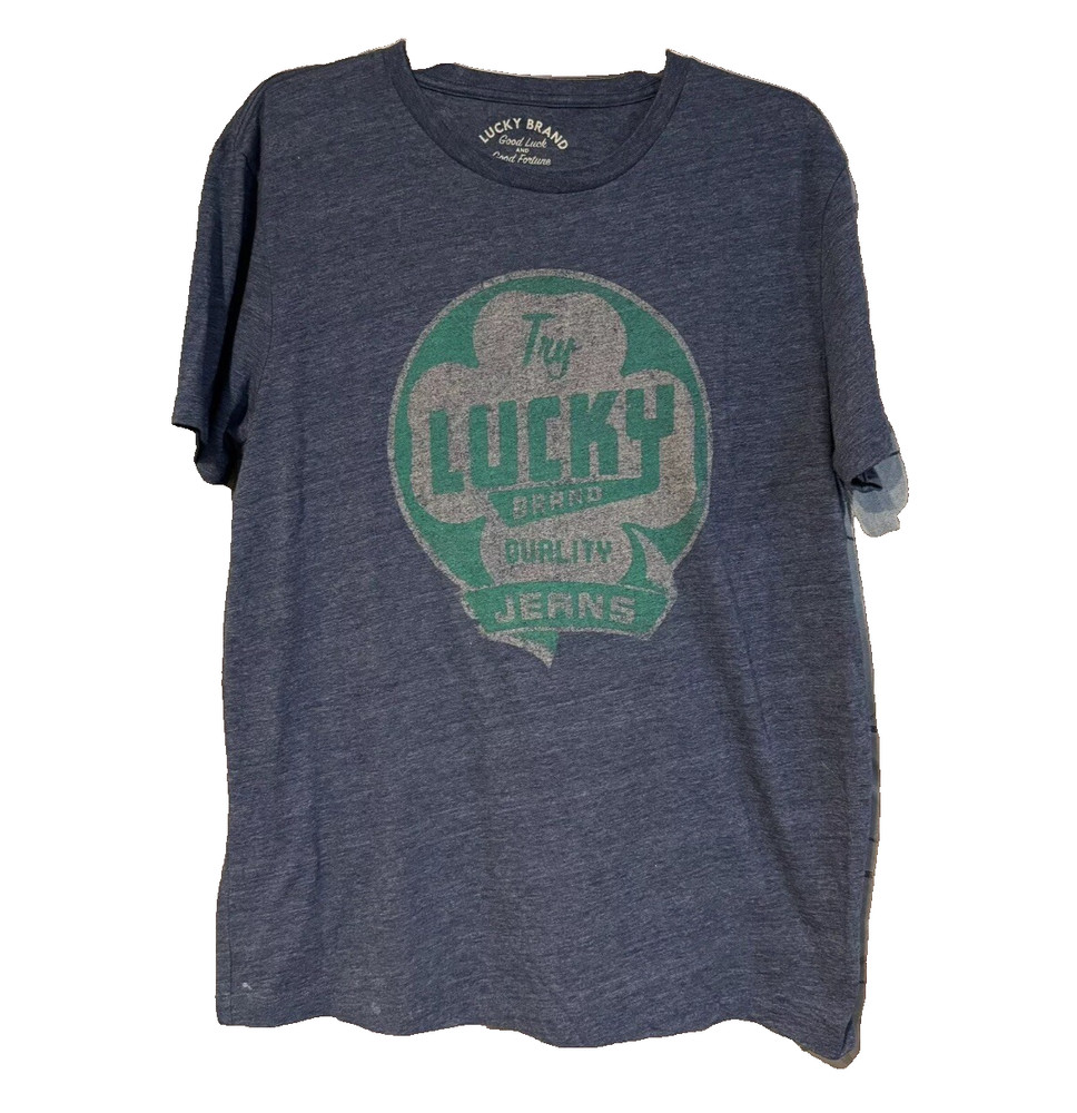 Lucky Brand Mens Large T Shirt Blue Graphic Tee Clover Try Lucky Jeans Distress