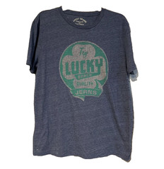 Lucky Brand Mens Large T Shirt Blue Graphic Tee Clover Try Lucky Jeans Distress