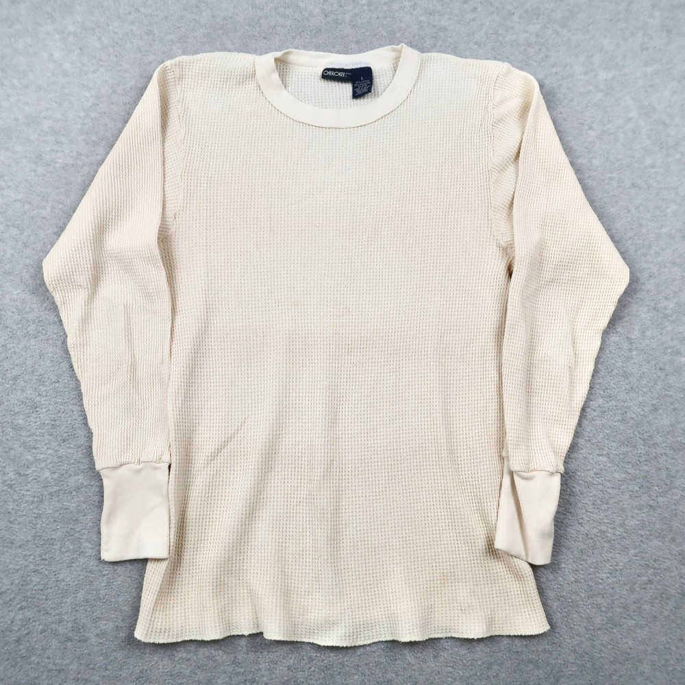 VTG Cherokee Mens Thermal Shirt Large Cream Waffle Knit Long Sleeve Crew Neck