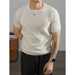 Henry Collar Short-Sleeved Knitted Sweater Men Breathable Summer Fashion