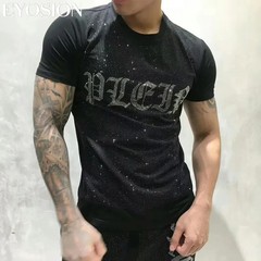 New Fashion Trend Rhinestone Summer Short Sleeve Luxury Men Cotton Black T-Shirt