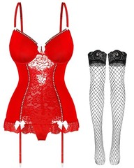 Sexy Stocking Garter Belt Red Lingerie Set for Women Lace Up Corset Babydoll …