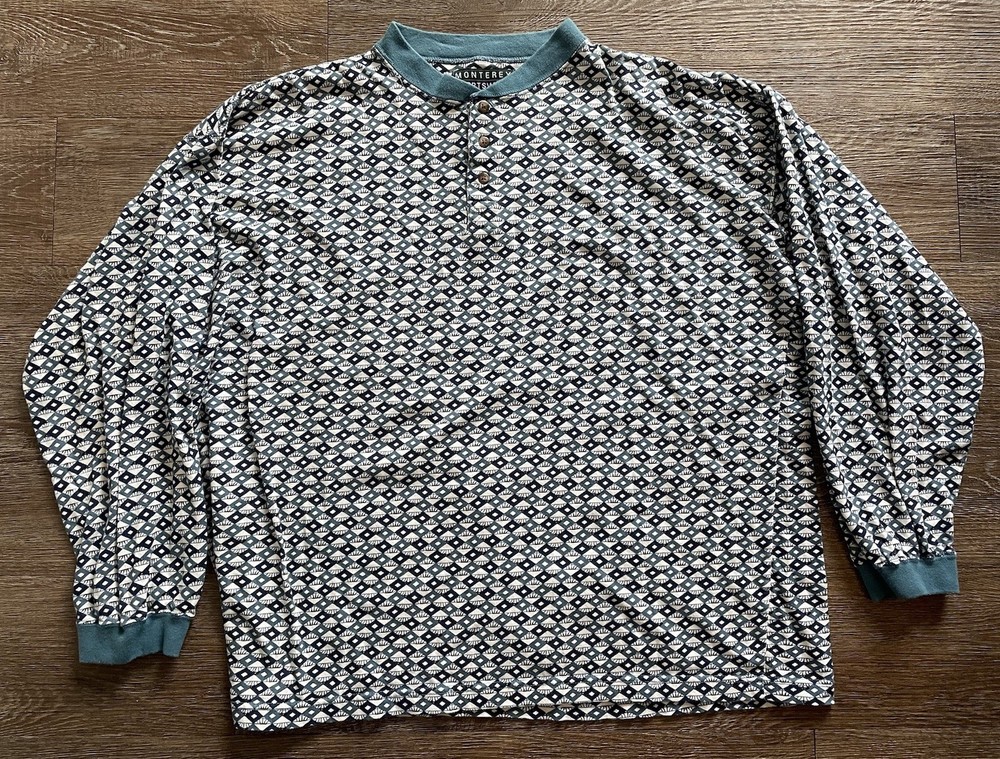 Vtg Monterey Sportswear Long Sleeve Shirt Mens Size Large Blue Geometric Pattern