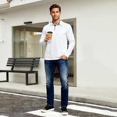 Men’s Long Sleeve Polo Shirt Pocket Regular Fit Contrast Collar Large