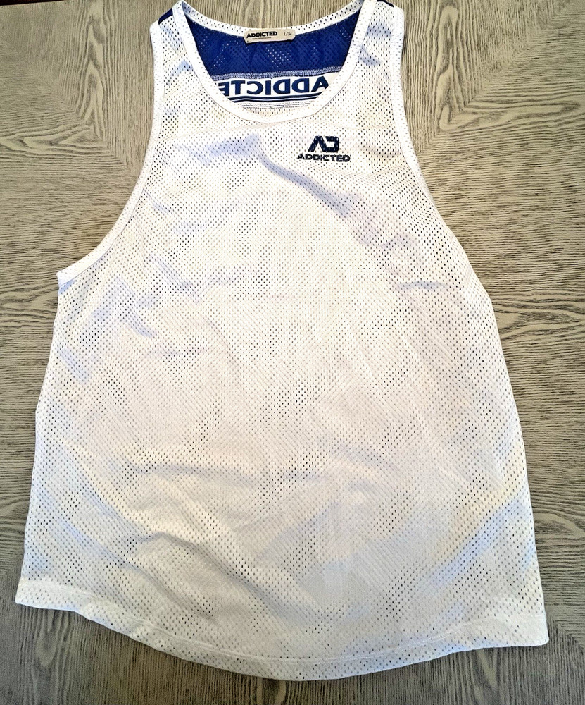 Addicted White Navy Blue Logo Mesh Tank Top Sz. L /34 See Thru Sexy Muscle Top