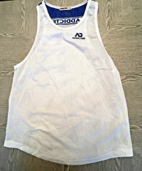 Addicted White Navy Blue Logo Mesh Tank Top Sz. L /34 See Thru Sexy Muscle Top