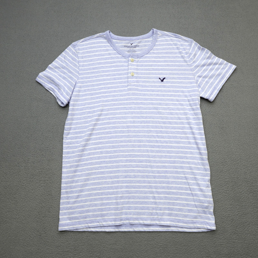 American Eagle Henley Neck T Shirt Men’s Size M Blue Striped Short Sleeve