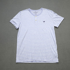 American Eagle Henley Neck T Shirt Men’s Size M Blue Striped Short Sleeve