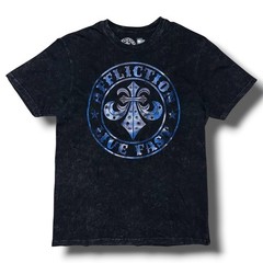 Affliction Mens Live Fast T-Shirt Large Black Mineral Wash Blue Fleur De Lis USA