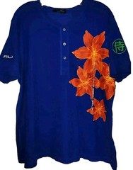 RLX Ralph Lauren Shirt Mens Large Blue Hawaiian Pacific Henley Short Sleeve