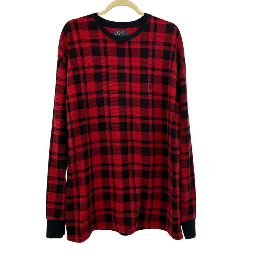 Polo Ralph Lauren Long Sleeve Waffle Knit Thermal Shirt Red Black Plaid XXL 2XL