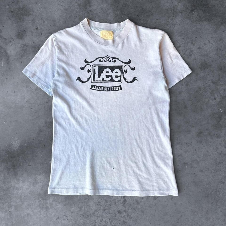 Vintage 70s Lee Jeans T-shirt Paper Thin Baby Blue Mens Medium