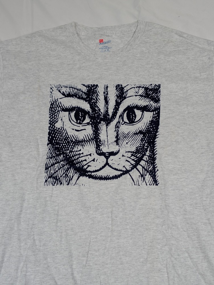 Unisex Vintage Hanes Heathered Gray Face Of A Cat Illustrated T-shirt Sz L