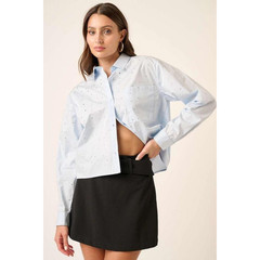Light Blue Embroidered Polka Dot Blouse Button Down Long Sleeve Size L