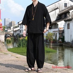 Retro Chinese Style Men’s 3/4 Sleeve Shirt Top Ankle Pants Casual Loose 2pcs Set