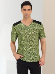 Men’s V Neck Animal Print Short Sleeves T-Shirt Tops Green Black S