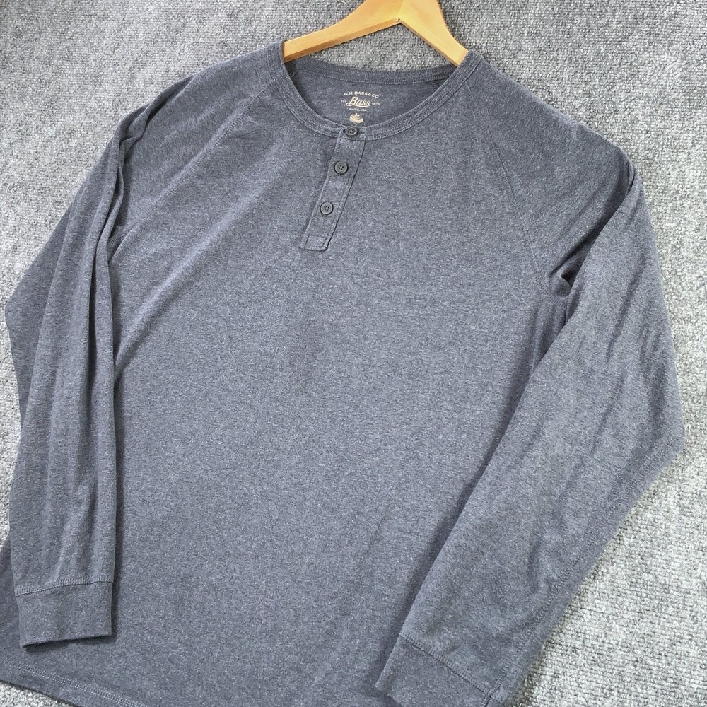 G H Bass & Co Henley Shirt L Mens Long Sleeve Blue Buttons Casual Outdoor