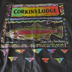 Vintage Trout Fly Fishing Rainbow Fish Angler Tee Corkins Lodge, Chama NM L