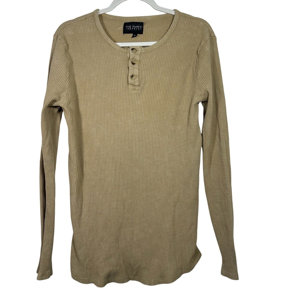 Five Points Industry Mens Tan Waffle Knit Henley Long Sleeve Shirt Medium Khaki