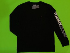 TOMMY HILFIGER Men’s Long Sleeve T-Shirt Size LARGE Black w/White Cotton NEW