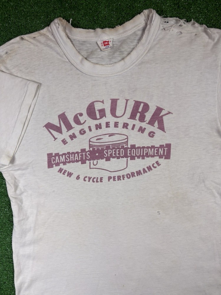 Vintage 50s Mcgurk Hot Rod Speed Racing Water Print Medium Distressed Shirt USA