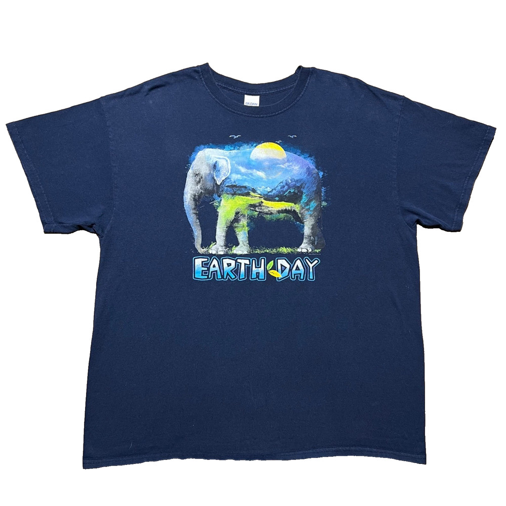 Vintage Earth Day Elephant Graphic T Shirt Mens XL Navy Blue Cotton Nature Tee