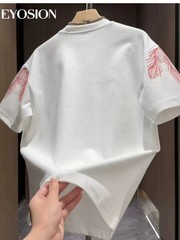 Men Embroidery Peacock Feathers T-Shirt Casual Short Sleeve Crewneck Cotton Tee