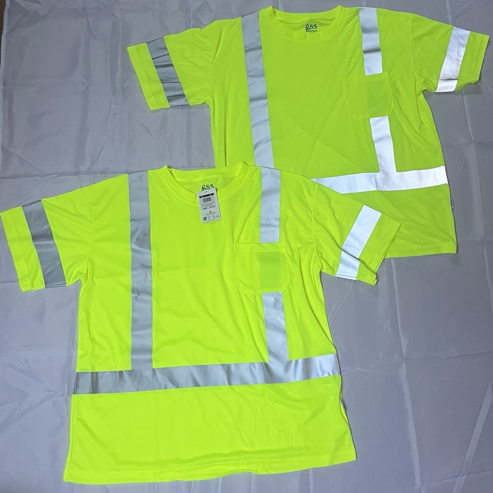 Lot 2 Short Sleeve GSS Hi Visibility Workwear Shirt Neon Yellow XXL Pocket