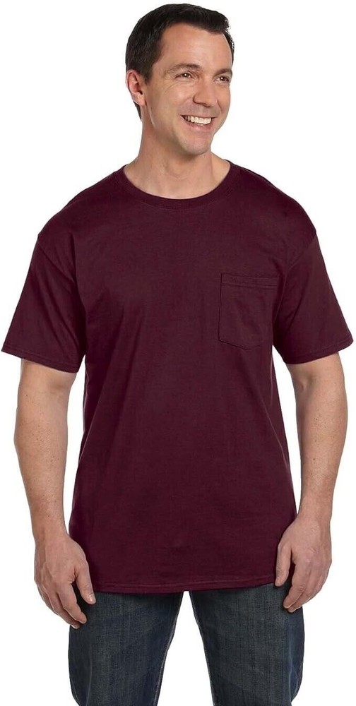 Mens Hanes Beefy-T 5190 Maroon Red Cotton Short Sleeve Pocket T-Shirt Size S NWT
