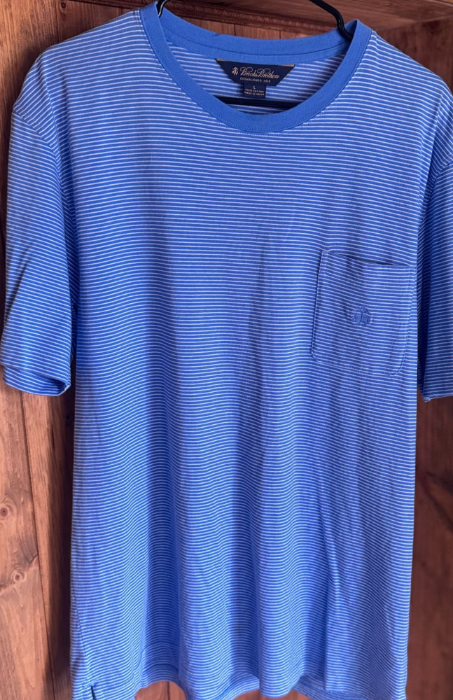 Brooks Brothers Golden Fleece Striped Pocket Tee Shirt Mens Large L Blue EUC