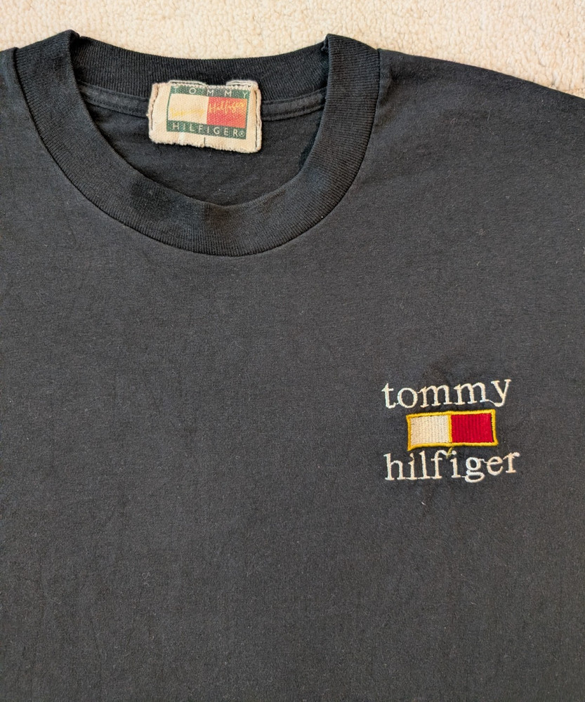 Vtg 90s Tommy Hilfiger Embroidered Lowercase Spellout Black Tee Shirt Large