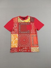 Maxi Milian Men T Shirt L Red Patchwork Front Pocket Short Sleeve Crew Neck