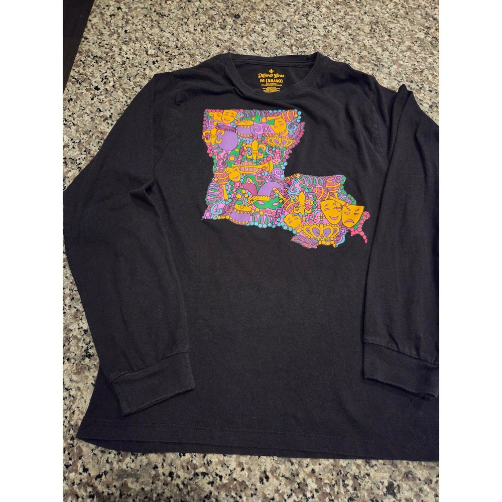Mardi Gras Louisiana State Map Graphic Long Sleeve T-Shirt Black Mens Medium