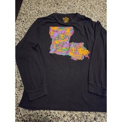 Mardi Gras Louisiana State Map Graphic Long Sleeve T-Shirt Black Mens Medium