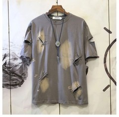 Men’s Punk Rock Distressed T-Shirt Safety Pin Hollow Out High Street Hip Hop Top