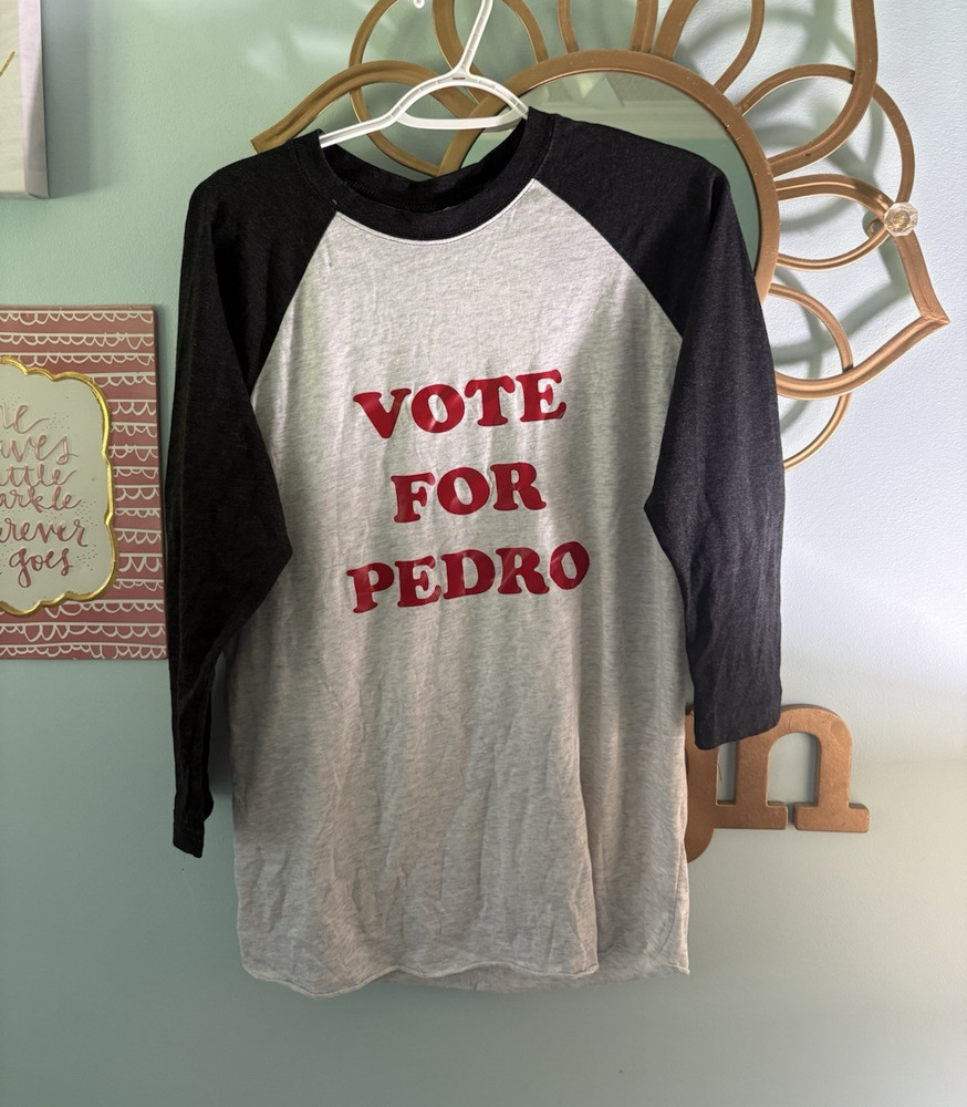 Vote For Pedro Graphic Print Raglan 3/4 Sleeve Crew Neck T-Shirt Gray/Black M