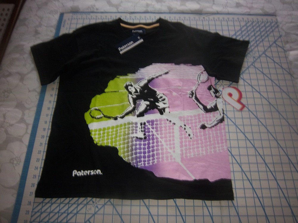 MENS PATERSON LARGE BLACK/PINK PURPLE GREEN TENNIS GRAPHIC T-SHIRT – NWT