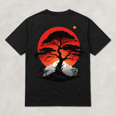 Japanese Landscape Art T Shirt Red Sun Pine Mountain Retro Graphic Casual Tee