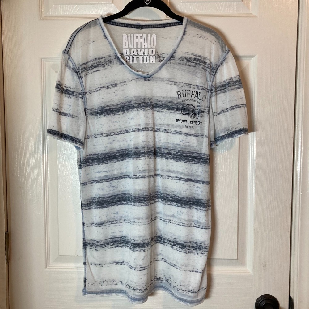 Buffalo David Bitton T-Shirt Small S Sheer Striped Ragged Edge V-Neck Tee READ